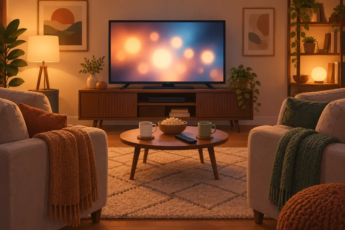Dwa fotele przed ekranem i pilot na stoliku w pokoju przygotowanym do wspólnego oglądania filmu.